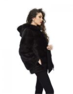 Graue Rückenjacke 46 Mink Pelz Kapuze Leder Langarmgürtel – Bild 4