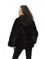 Graue Rückenjacke 46 Mink Pelz Kapuze Leder Langarmgürtel – Bild 6