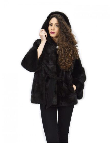 Giacca grigio dorsato 50 pelliccia di visone cappuccio cintura pelle manica 3/4