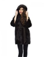 Cappotto mogano 42 pelliccia di visone cappuccio cintura pelle manica lunga