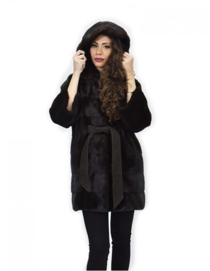 Cappotto mogano 42 pelliccia di visone cappuccio cintura pelle manica lunga
