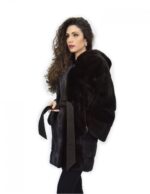 long sleeve leather coat 42 mahogany mink fur hood belt - Image 3
