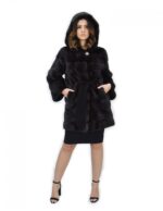 Cappotto grigio dorsato 44 pelliccia di visone cappuccio cintura pelle manica lunga