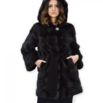 Cappotto grigio dorsato 44 pelliccia di visone cappuccio cintura pelle manica lunga