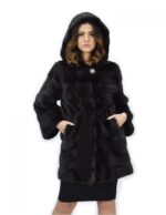 Cappotto grigio dorsato 44 pelliccia di visone cappuccio cintura pelle manica lunga
