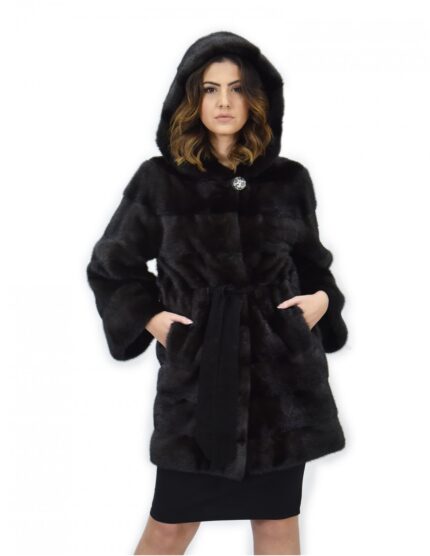 Cappotto grigio dorsato 44 pelliccia di visone cappuccio cintura pelle manica lunga