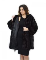 Cappotto grigio dorsato 44 pelliccia di visone cappuccio cintura pelle manica lunga