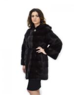 Cappotto grigio dorsato 48 pelliccia di visone cappuccio cintura pelle manica lunga