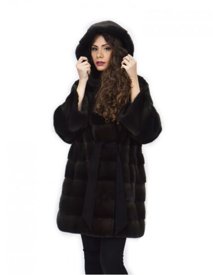 Cappotto aurora 52 pelliccia di visone cappuccio cintura pelle manica lunga