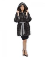 Coat blue irish 48 mink fur hood leather long sleeve belt - Image 5