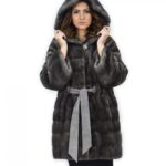 Cappotto blue irish 48 pelliccia di visone cappuccio cintura pelle manica lunga