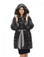 Cappotto blue irish 48 pelliccia di visone cappuccio cintura pelle manica lunga