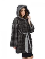 Coat blue irish 48 mink fur hood leather long sleeve belt - Image 4