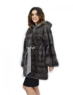 Coat blue irish 48 mink fur hood leather long sleeve belt - Image 3