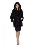 Black Coat 46 Mink Fur Hood Leather Belt Long Sleeve - Image 5