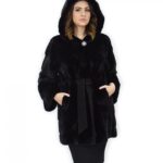 Cappotto nero 46 pelliccia di visone cappuccio cintura pelle manica lunga