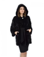 Cappotto nero 46 pelliccia di visone cappuccio cintura pelle manica lunga