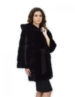 Black Coat 46 Mink Fur Hood Leather Belt Long Sleeve - Image 4