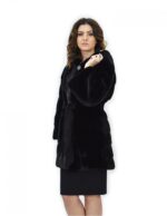 Black Coat 46 Mink Fur Hood Leather Belt Long Sleeve - Image 3