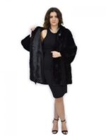 Black Coat 46 Mink Fur Hood Leather Belt Long Sleeve - Image 7