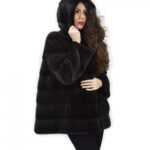 Cappotto 72 cm grigio dorsato 52 pelliccia di visone orizzontale a pelli intere cappuccio manica lunga