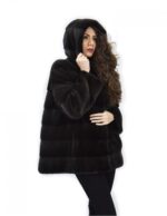 Cappotto 72 cm grigio dorsato 52 pelliccia di visone orizzontale a pelli intere cappuccio manica lunga