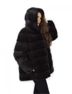 Coat 72 cm grey backsed 52 horizontal mink fur with whole skins hood long sleeve - Image 3
