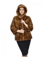 42 Cappotto 62 cm pelliccia golden visone orizzontale trasversale cappuccio manica 3/4
