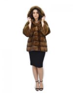 Giacca cappuccio 42 golden pelliccia visone orizzontale coulisse polsi ganci