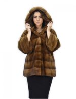 Giacca cappuccio 42 golden pelliccia visone orizzontale coulisse polsi ganci