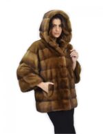 Giacca cappuccio 42 golden pelliccia visone orizzontale coulisse polsi ganci