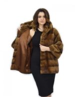 Giacca cappuccio 42 golden pelliccia visone orizzontale coulisse polsi ganci