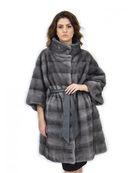 Cappotto cinta pelle 56 pelliccia visone orizzontale blue iris collo pistagna