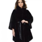 Cappotto nero cinta pelle 52 pelliccia visone orizzontale collo pistagna