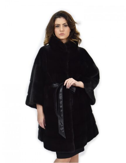 Cappotto nero cinta pelle 52 pelliccia visone orizzontale collo pistagna