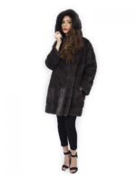 Кофейное пальто 46 горизонтальная норка и поперечный меховой капюшон 88 см — изображение 5