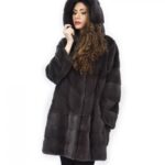 Cappotto coffee 46 visone orizzontale e trasversale pelliccia cappuccio 88 cm