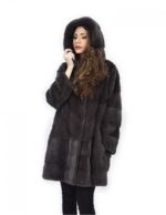 Cappotto coffee 46 visone orizzontale e trasversale pelliccia cappuccio 88 cm