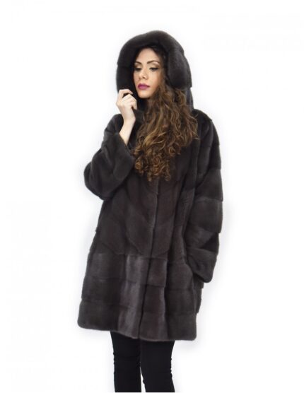 Cappotto coffee 46 visone orizzontale e trasversale pelliccia cappuccio 88 cm