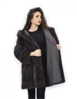 Кофейное пальто 46 горизонтальная норка и поперечный меховой капюшон 88 см — изображение 7