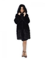Cappotto nero 50 visone orizzontale e trasversale pelliccia cappuccio 88 cm