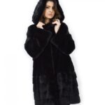 Cappotto nero 50 visone orizzontale e trasversale pelliccia cappuccio 88 cm