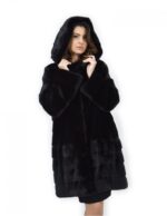 Cappotto nero 50 visone orizzontale e trasversale pelliccia cappuccio 88 cm