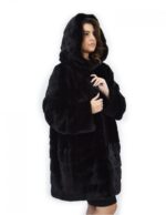 Cappotto nero 50 visone orizzontale e trasversale pelliccia cappuccio 88 cm