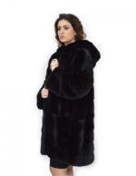 Cappotto nero 50 visone orizzontale e trasversale pelliccia cappuccio 88 cm