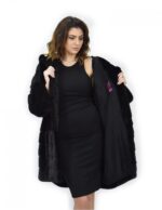 Cappotto nero 50 visone orizzontale e trasversale pelliccia cappuccio 88 cm