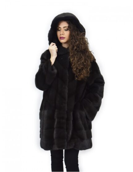 Cappotto aurora 48 visone orizzontale e trasversale pelliccia cappuccio 88 cm