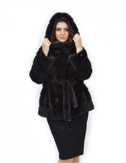 Aurora cappuccio 50 cappotto pelliccia visone orizzontale coulisse fondo e polsi