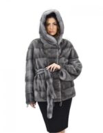 Blue iris cappuccio 46 cappotto pelliccia visone orizzontale coulisse fondo e polsi