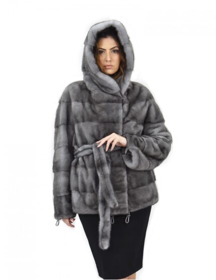 Blue iris cappuccio 50 cappotto pelliccia visone orizzontale coulisse fondo e polsi